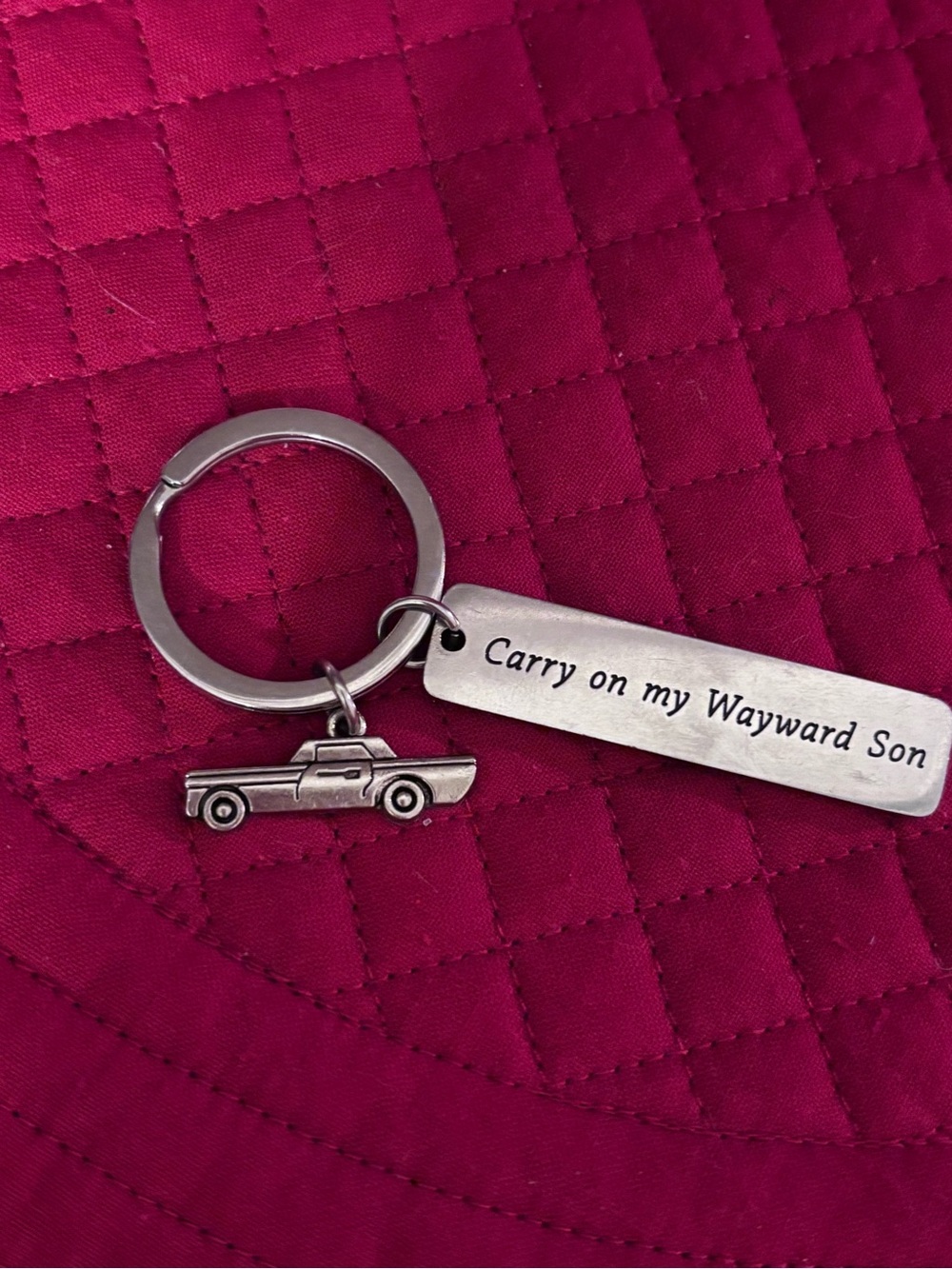 Engraved "Carry on my Wayward Son" Silver Keychain with Car Charm, Dean’s Baby.